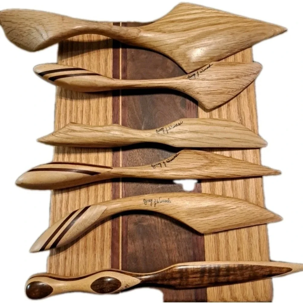 Handcrafted Wooden Cutting Board 6 Hand Carved Wooden Knives. Signed By Artist